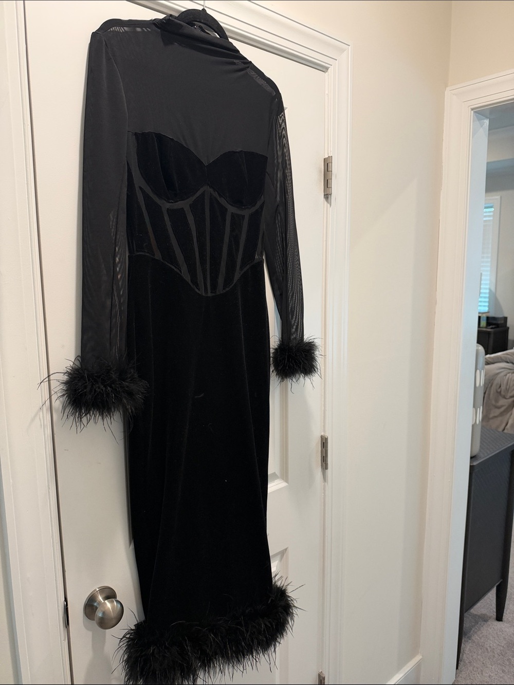 House of CB Black Velvet Feather-Trim Midi Dress